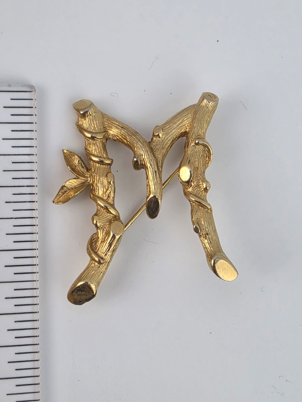 Sarah Coventry Monogram Letter M Gold Tone Branch Leaf Brooch 1.75"